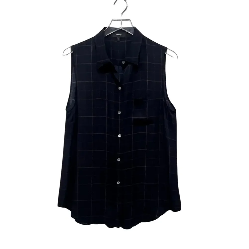 Theory Silk Blouse Tile Print Yarine Navy Blue Brown Sleeveless Size‎ L Academia